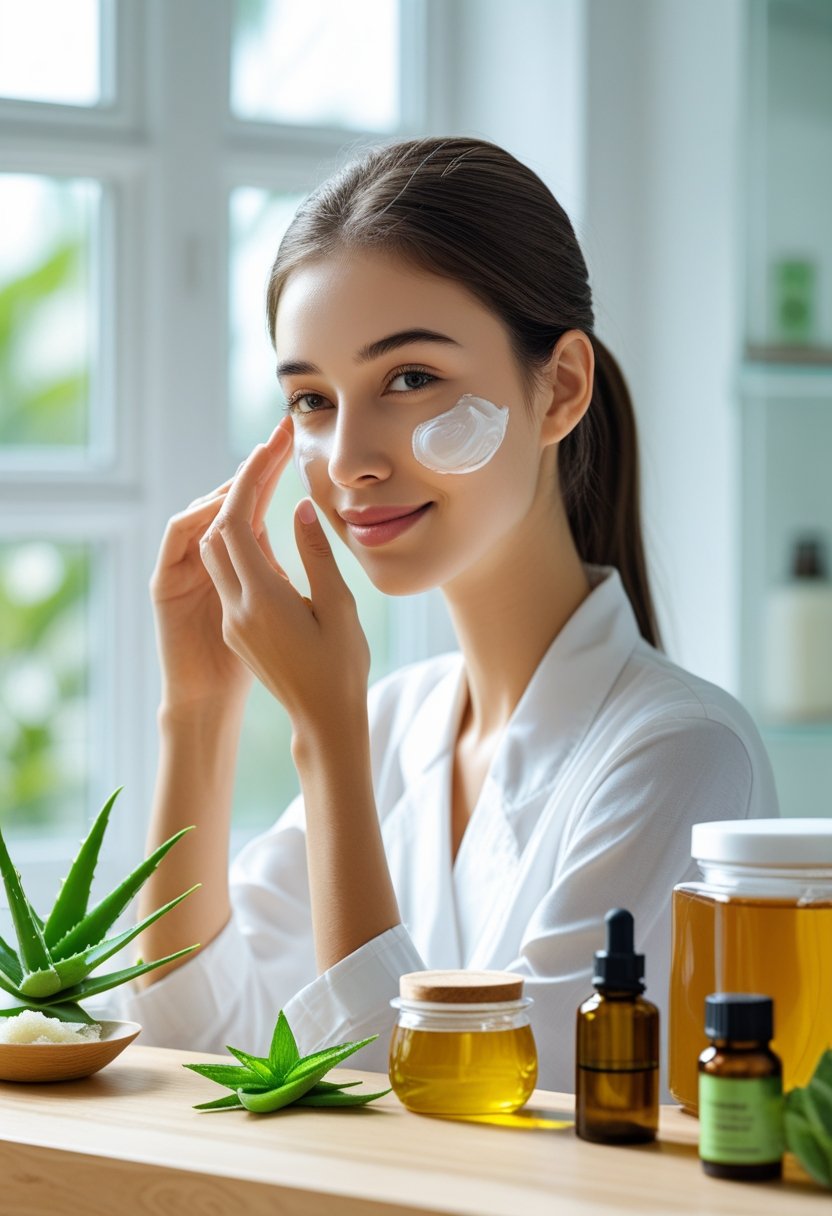 A young woman applying natural skincare products to her face in a bright bathroom with natural light and plants.
